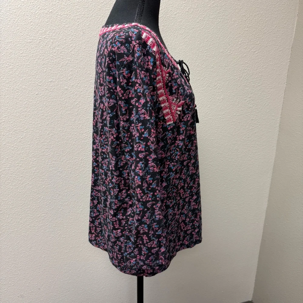 Lucky Brand Black Pink Floral Embroidered Boho Peasant Blouse Tassel Tie XL - Picture 6 of 8